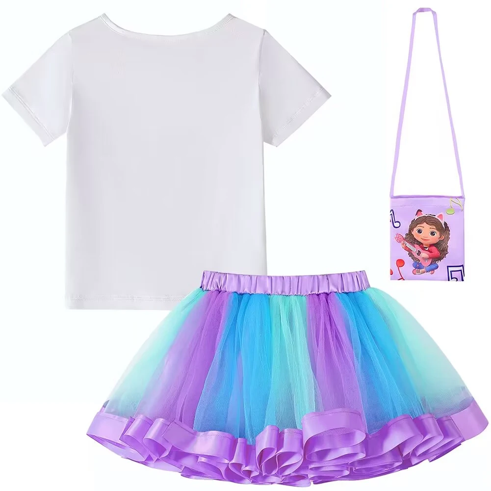 LZH Gabby Dollhouse Girls Clothes Kids Halloween Carnival Cosplay Costume Sets Summer Tops+Bow Skirt+Bag Children Clothing Suit