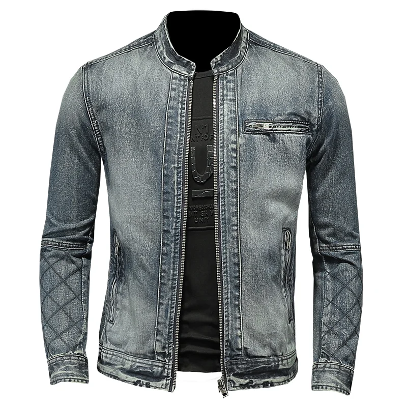 

Brand New Quality Men Denim Jacket Male Coat Stand Collar Zipper Pockets Spring Autumn Outerwear