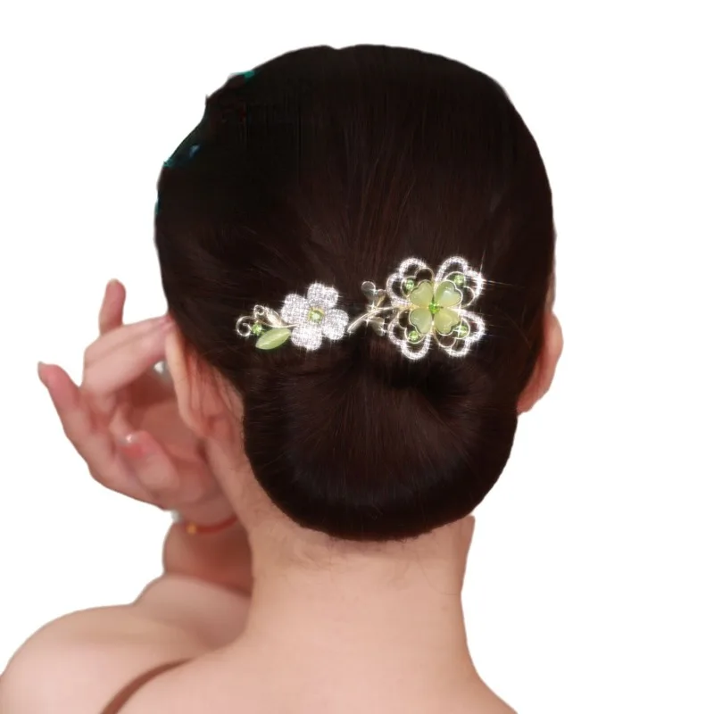 여성용 패션 녹색 클로버 Updo 헤어 액세서리, 레트로 럭셔리 지르콘 꽃 머리핀, 레이지 맨 타이 업 비녀 엄마 모자