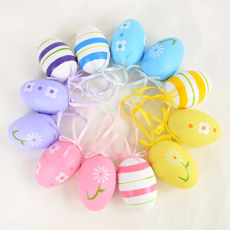 12pcs Plastic Easter Eggs Rabbit Chick Painted Hanging Pendant DIY Crafts for Easter Party Home Decoration Supplies Kids Gifts