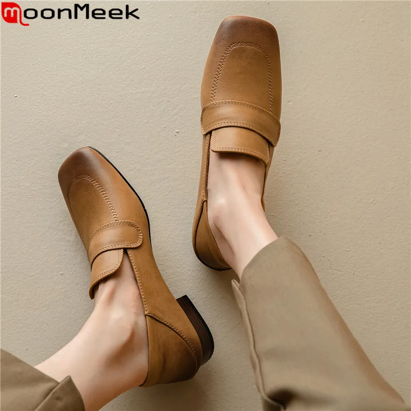 

MoonMeek 2023 New Retro Genuine Leather Single Shoes Woman Loafers Slip On Dress Shoes Ladies Spring Autumn Pumps