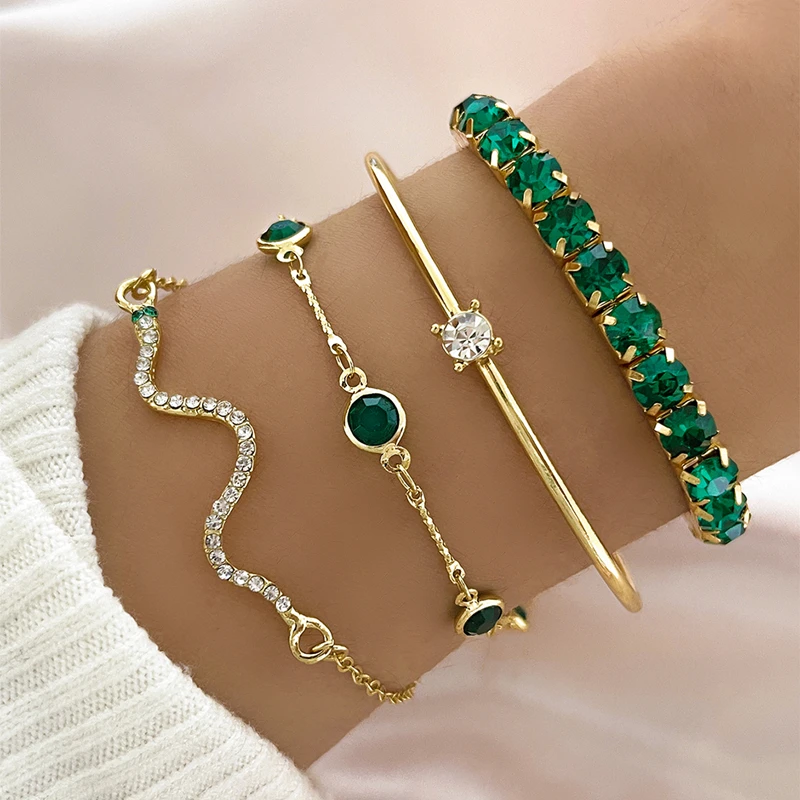 4 teile/satz Mode grün Kristall Schlange Design Armbänder Set für Frauen Schmuck Accessoires