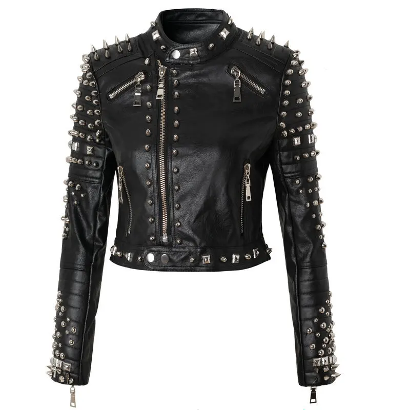 

Women's Black Willow Nail Coat, Short Leather Coat, Women's Steam Punk Rock, Pu Leather Jacket, Personality, Spring, New