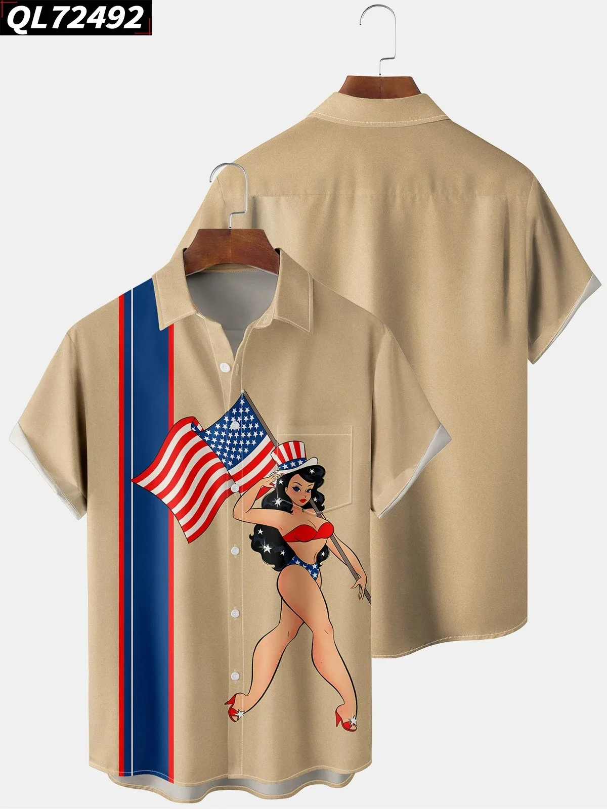 Spring Summer Men's Shirts Button Oversized Luxury Beauty American Independence Day Flag Hawaiian Shirt Men Beach Tops Clothes