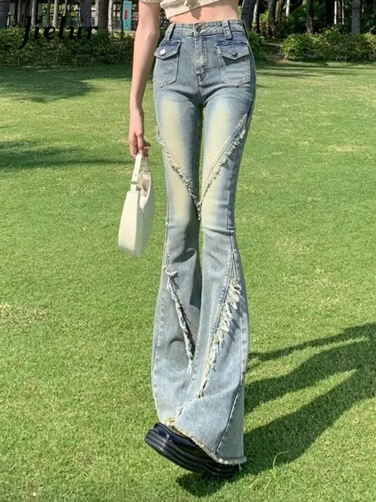 

Jielur лето элегантный шик мыл женские джинсы простые высокие талии Ins женские факельные брюки слегка растягивается случайной одежды Streetwear
