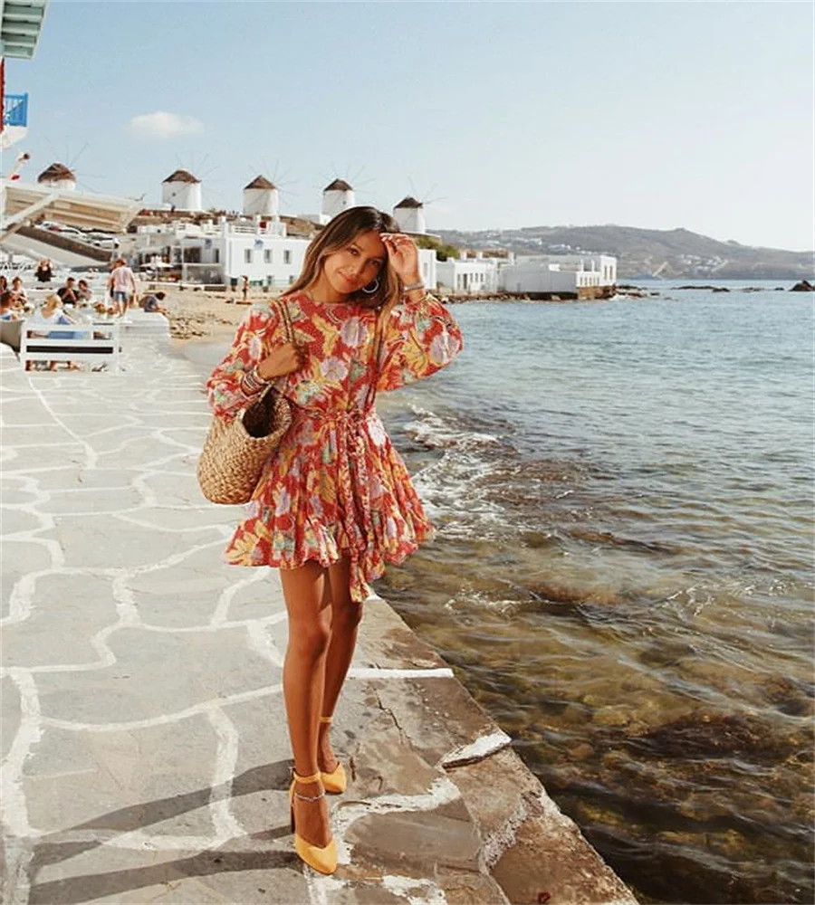 

Beach Vacation Celebrity Dresses Fruit Print Off-Shoulder Tube Top Backless Wedding Party Lantern Sleeve Cascading Ruffle