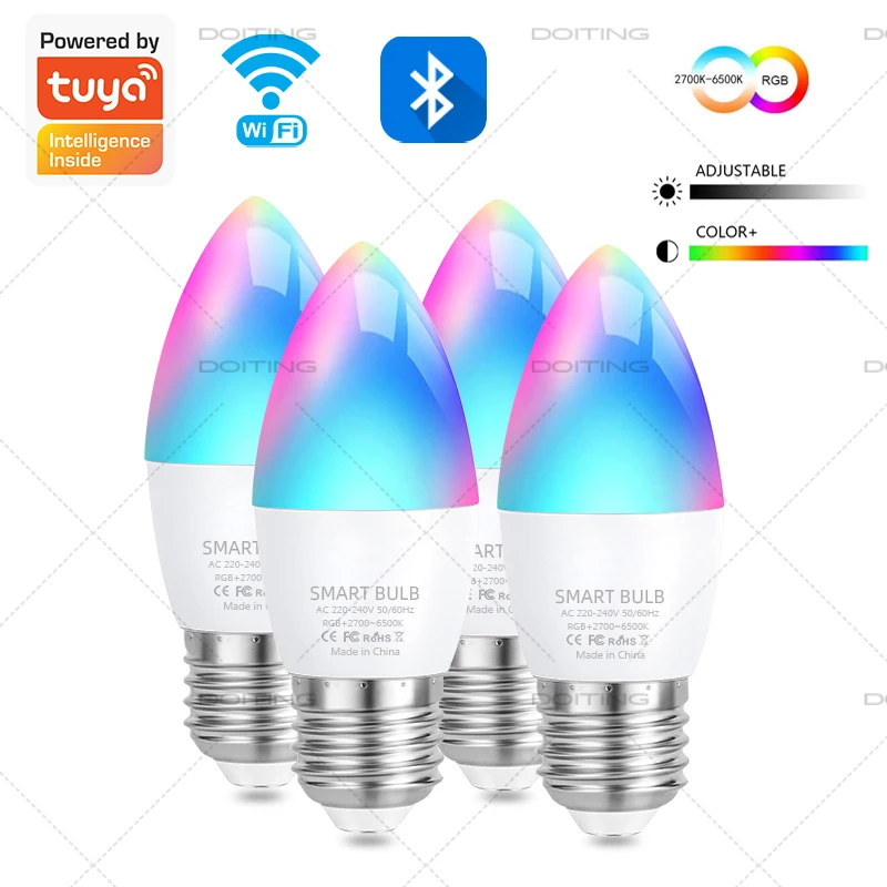 Tuya Smart Wifi Bluetooth Led Candle Light Bulb AC220V E27 E14 RGB Colorful Lamps 5W Works With Alexa Google Home Voice Control smart led light bulbs