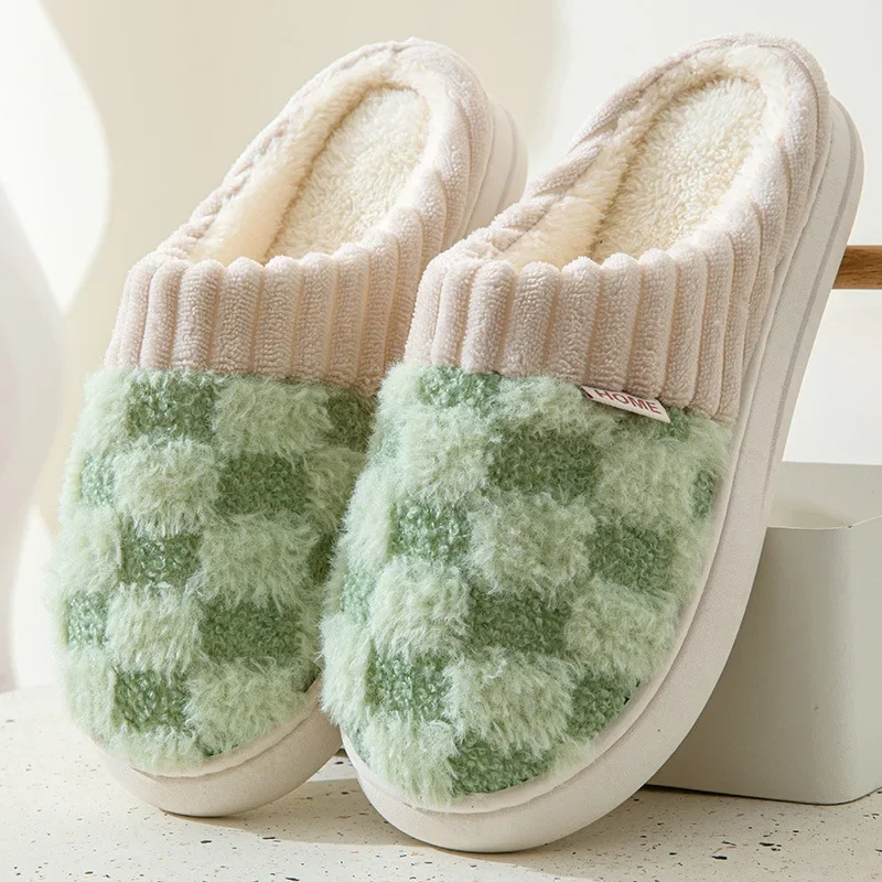 Fashion Couple Winter Toe Wrap Warm Plaid Cotton Slippers Thick Soft Sole Slides Men Women Indoor Floor Flat Home Non-slip Shoes 3