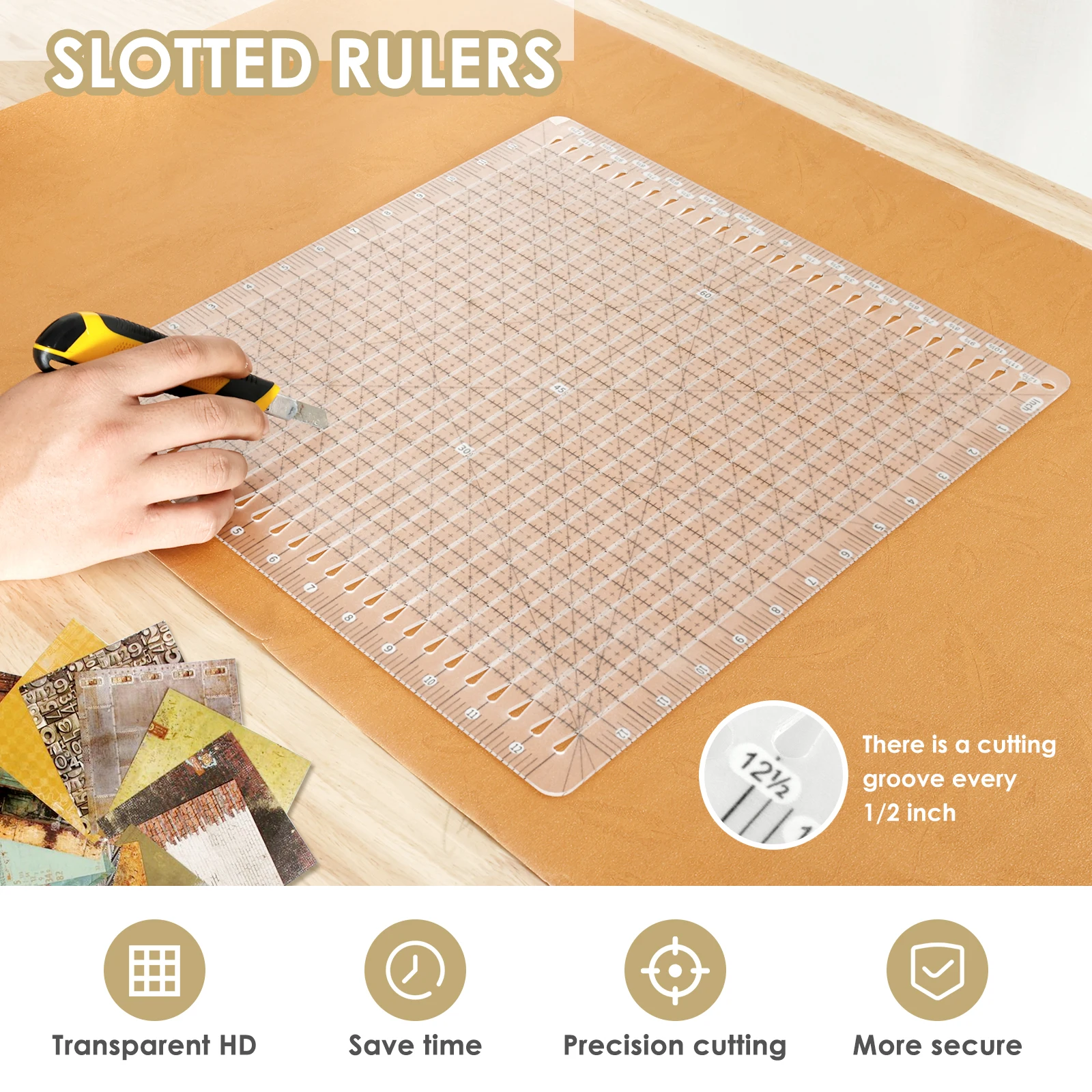 5-in-1 Quilting Ruler Cutting Assistant Clear Acrylic Quilting Template Easy to Read Square Fabric Cutting Ruler with Non Slip sewing supplies