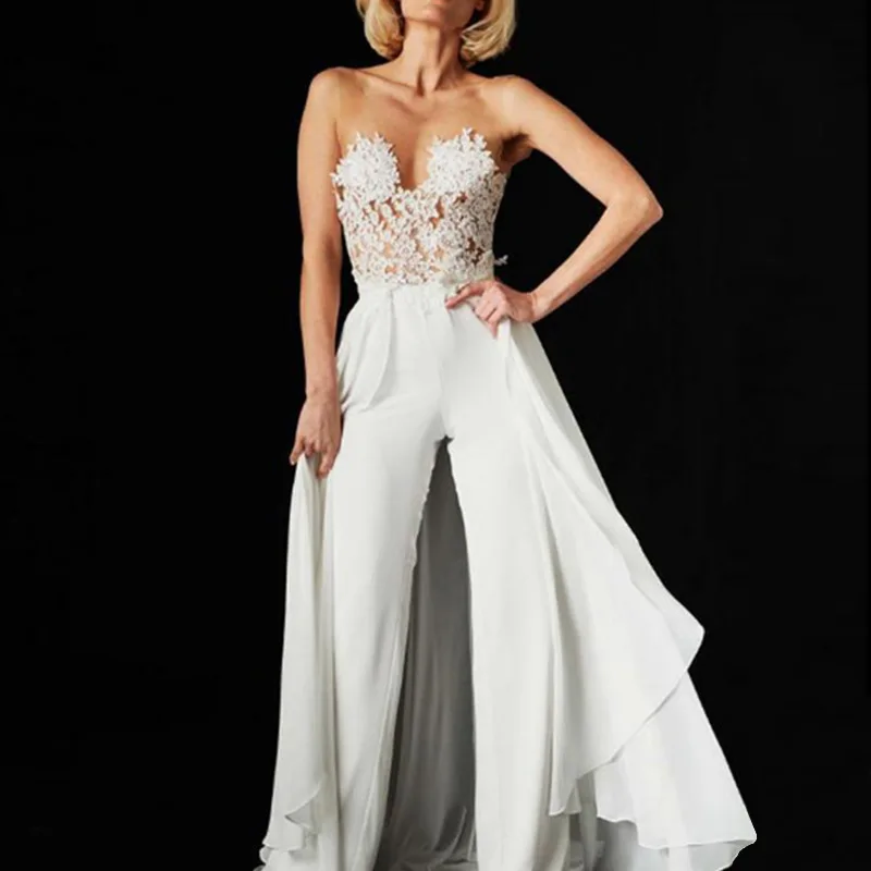

CloverBridal 2024 Sexy Sheer Lace+Elastic Woven Satin Jumpsuit Backless Straight-leg Pants with Detachable Overskirt WW8249