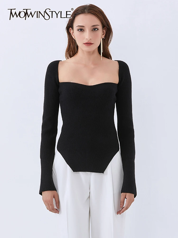 

TWOTWINSTYLE Sexy Knitted Slim Pullovers For Women Square Collar Long Sleeve Minimalist Plain Sweater Female Fashion New Style