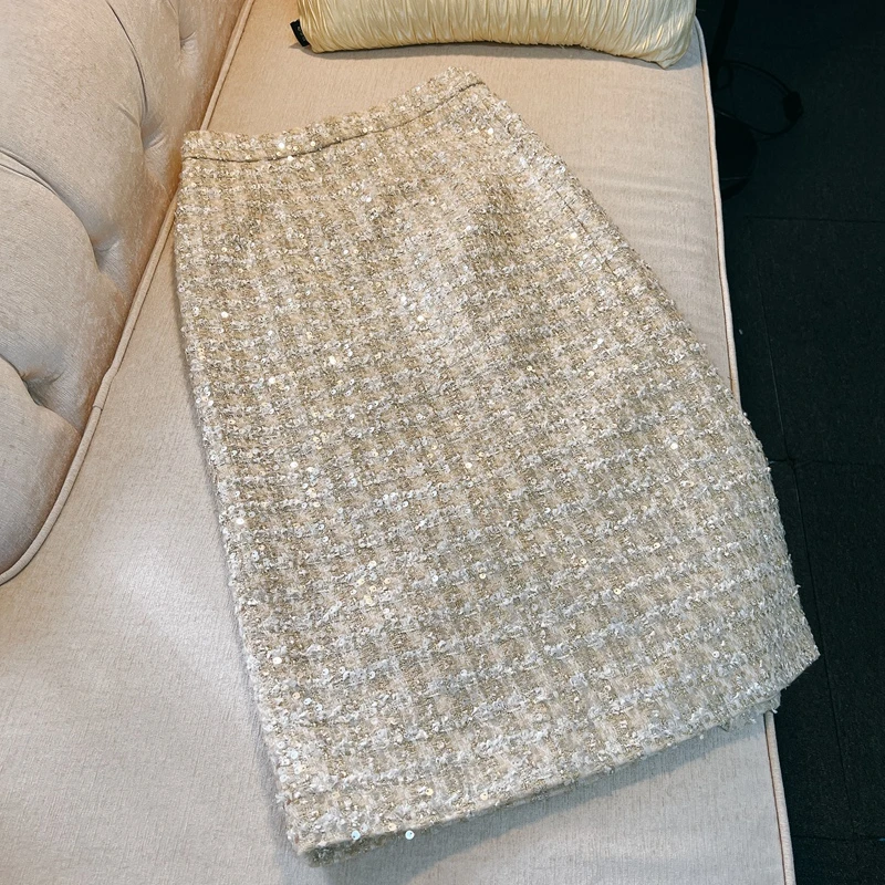 

Женская юбка с высокой талией, элегантная юбка средней длины с золотыми блестками, в Корейском стиле, Осень-зима 2023