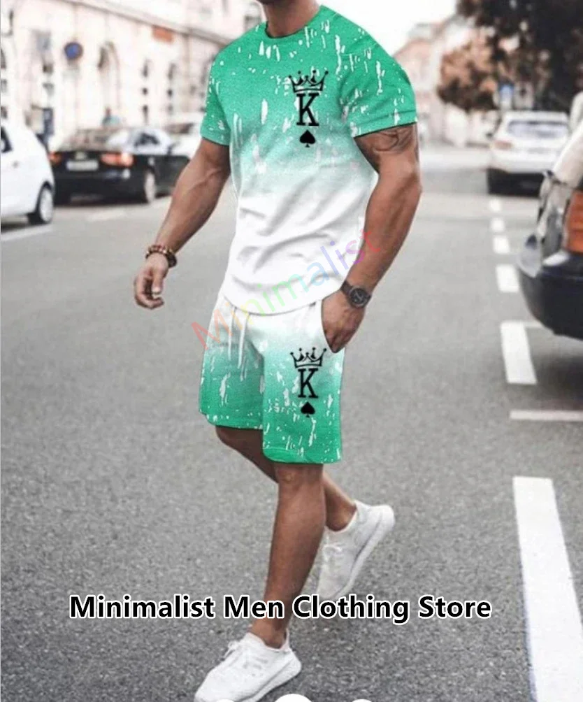 2024 New Summer Men's Set Casual Wear Men's T-shirt+Shorts Sports Suit Letters Playing Card Fashion Trend 2 Piece Outfits