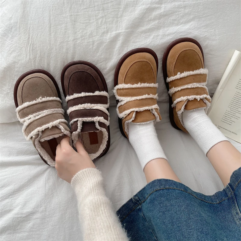 

Женские повседневные кроссовки с закрытым носком, меховые лоферы с круглым носком, на плоской подошве, Классическая зимняя обувь в стиле ретро, на липучке