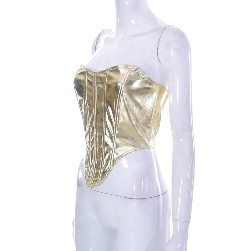 Chaleco metálico para mujer, top sexy ajustado con corsé, camisa de fondo, vendaje en la cintura, ropa de calle para chicas atractivas, primavera 2025