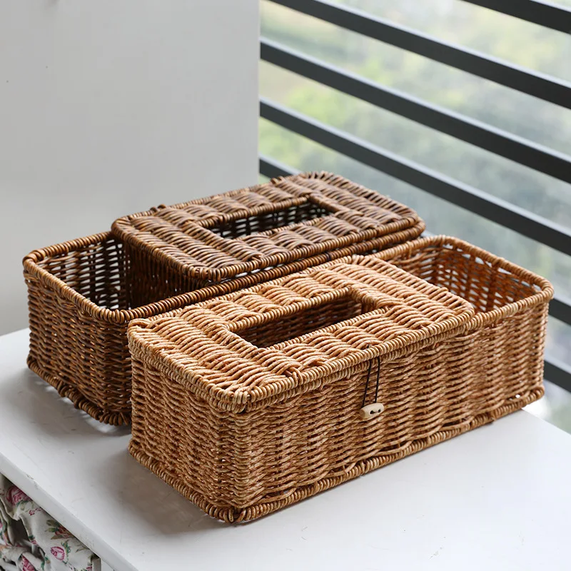 Napkin Cover Rattan Wicker Storage Case Removable Tissue Box Desk Hand-Woven Paper Towel Holder Facial Tissue Dispenser Basket 4