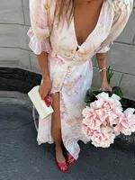 Fashion Organza Floral Printed Maxi Dress V-Neck Puff Sleeve 2026 Spring/Summer Romantic Women Party Gown Elegant Lady Vestido 6