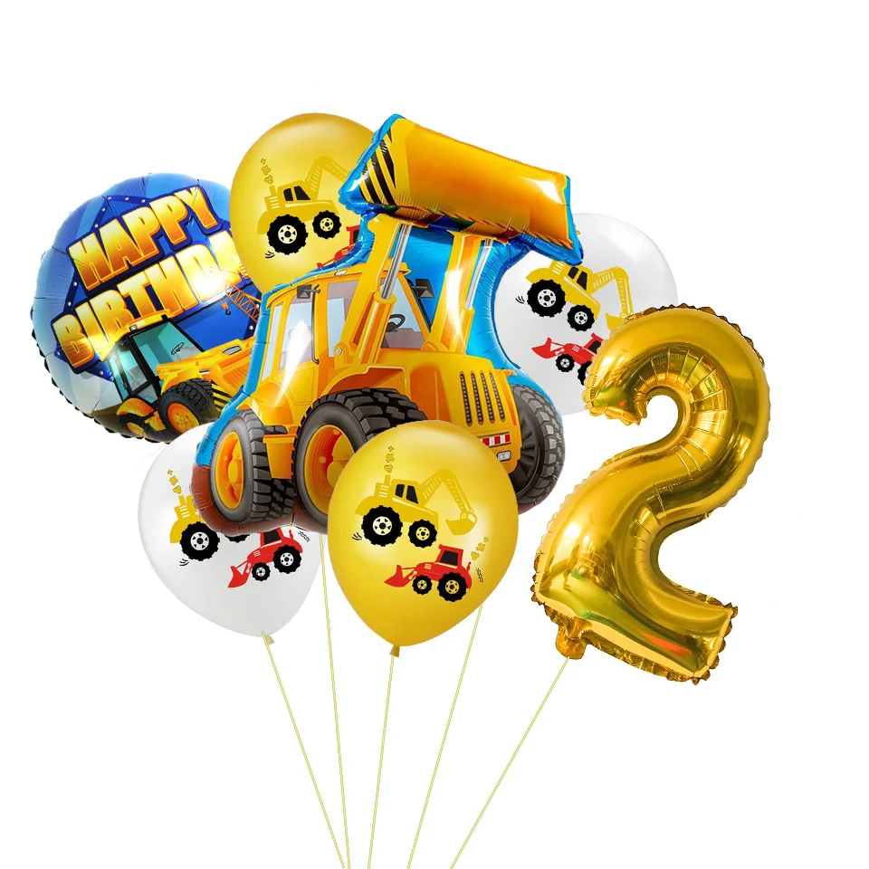 1set Construction Bulldozer Series Disposable Tableware Paper Cups Plates Truck Balloons For Boy's Birthday DIY Party Decoration 