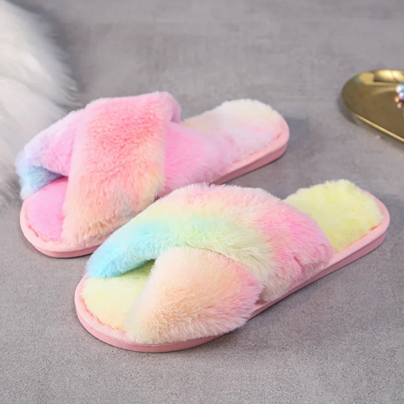 

Winter Plush Slippers Fashion Open Toe Women's Sandals Home Indoor Casual Fuzzy Slippers Female Flip Flops Fluffy Shoes 2024 New