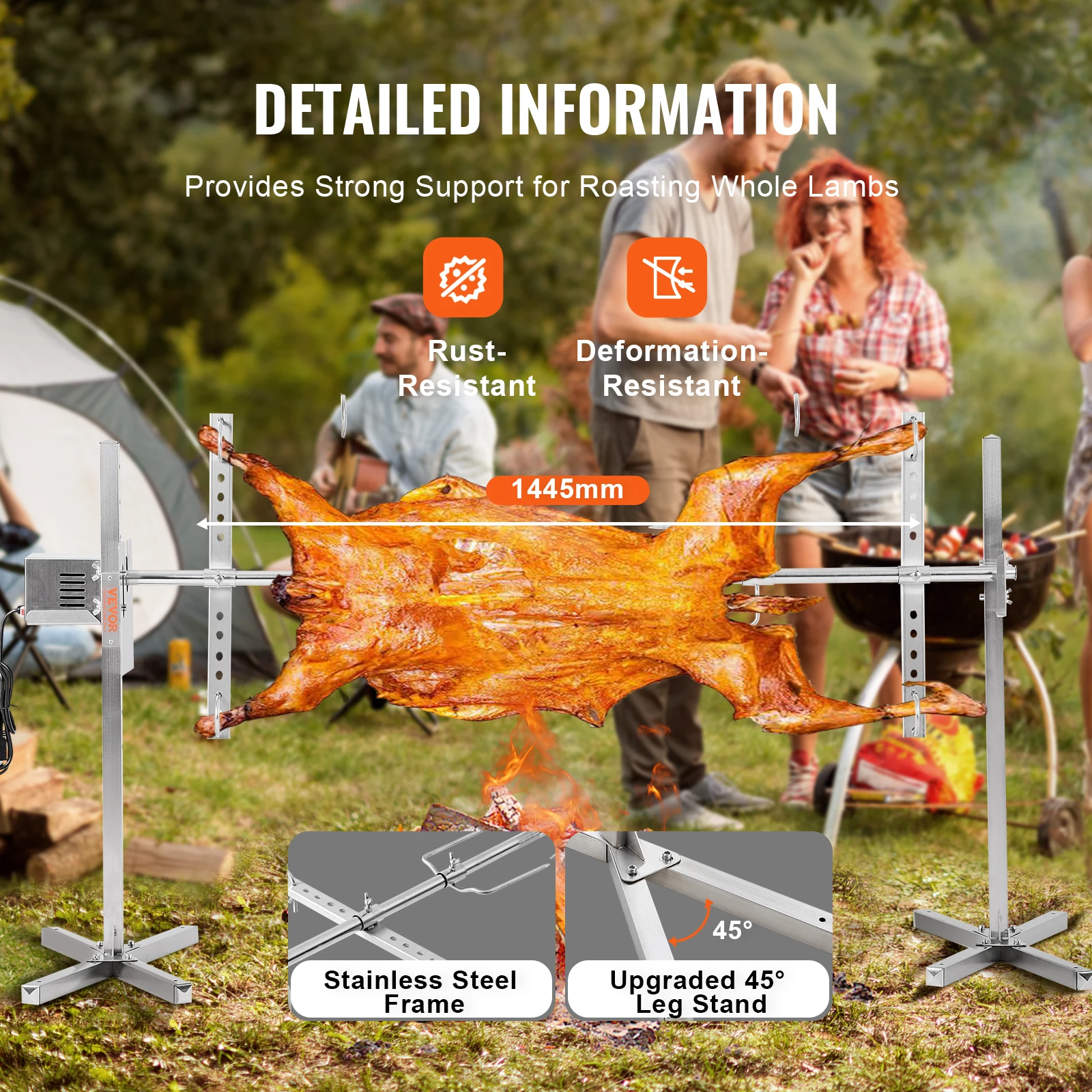 VEVOR 46/56 Inch Electric BBQ Rotisserie Grill Kit Automatic 52W Motor Height Adjustable Universal Roaster Stand 6