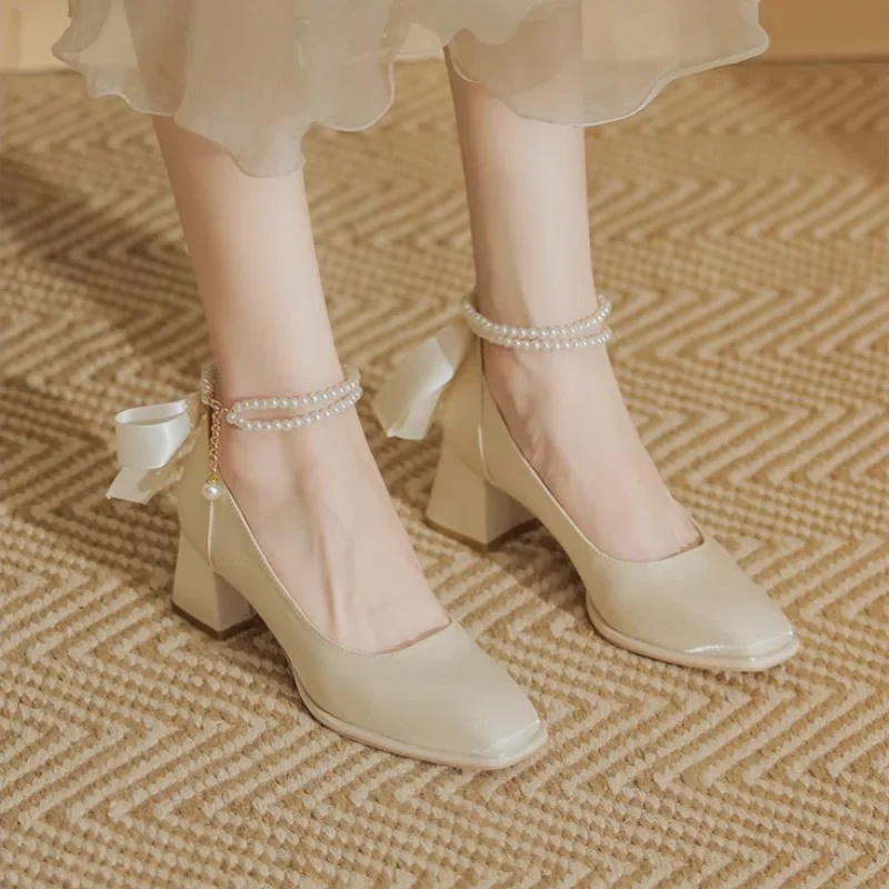 2025With Medium Heels Woman Pumps Square Toe Pearl Shoes for Women On Sale Young Promotion Spring Fashion Wedding Bride Shoe