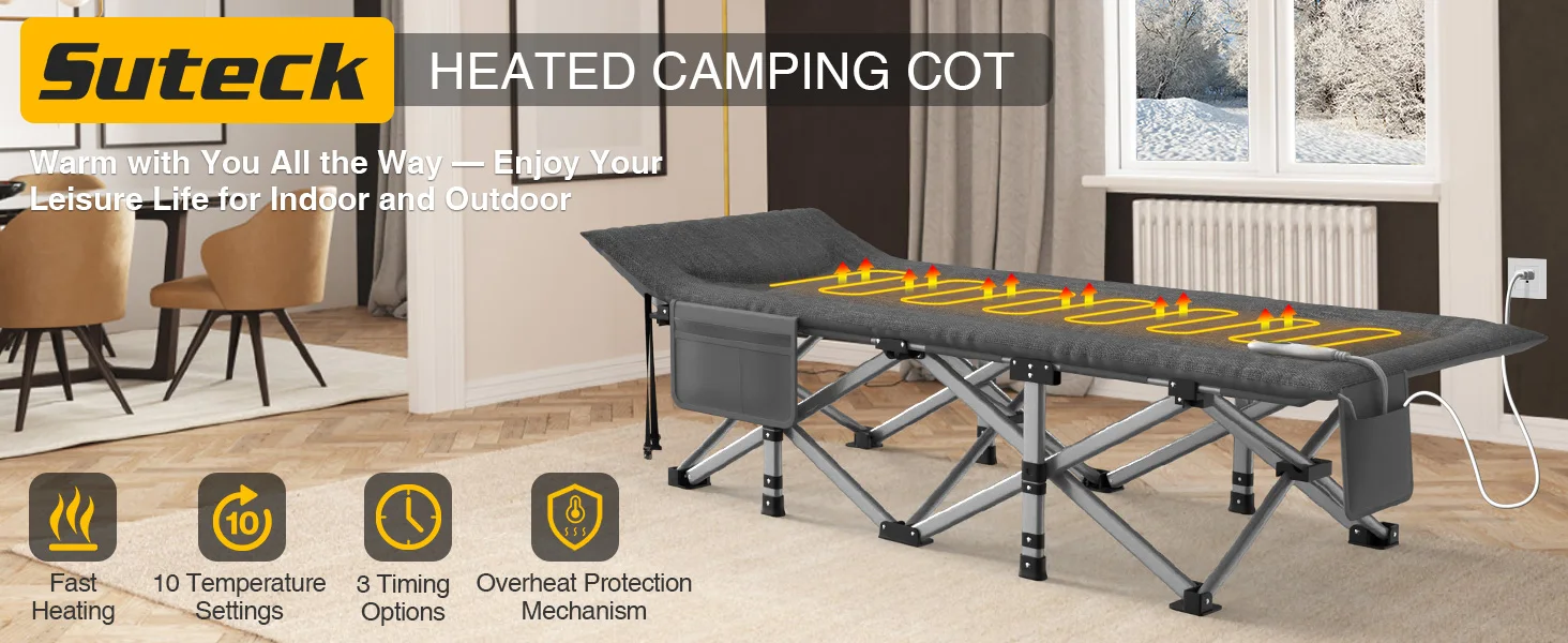 Description Picture 2 of itemHeated Camping Cot, Folding Camping Cot Bed for Adults Sleeping Portable Folding Outdoor Cots for Camping W/Build-in Soft Cotton