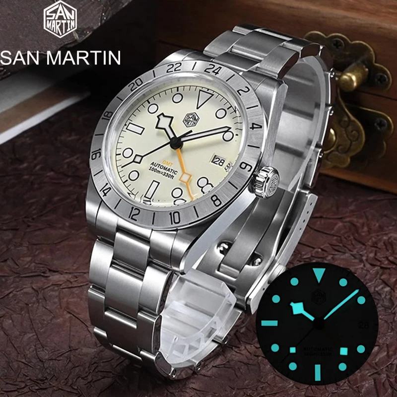 

San Martin 39mm Top Brand BB GMT Luxury Mens Diving Watch Business Sapphire NH34 Automatic Mechanical Watches Date BGW9 Luminous