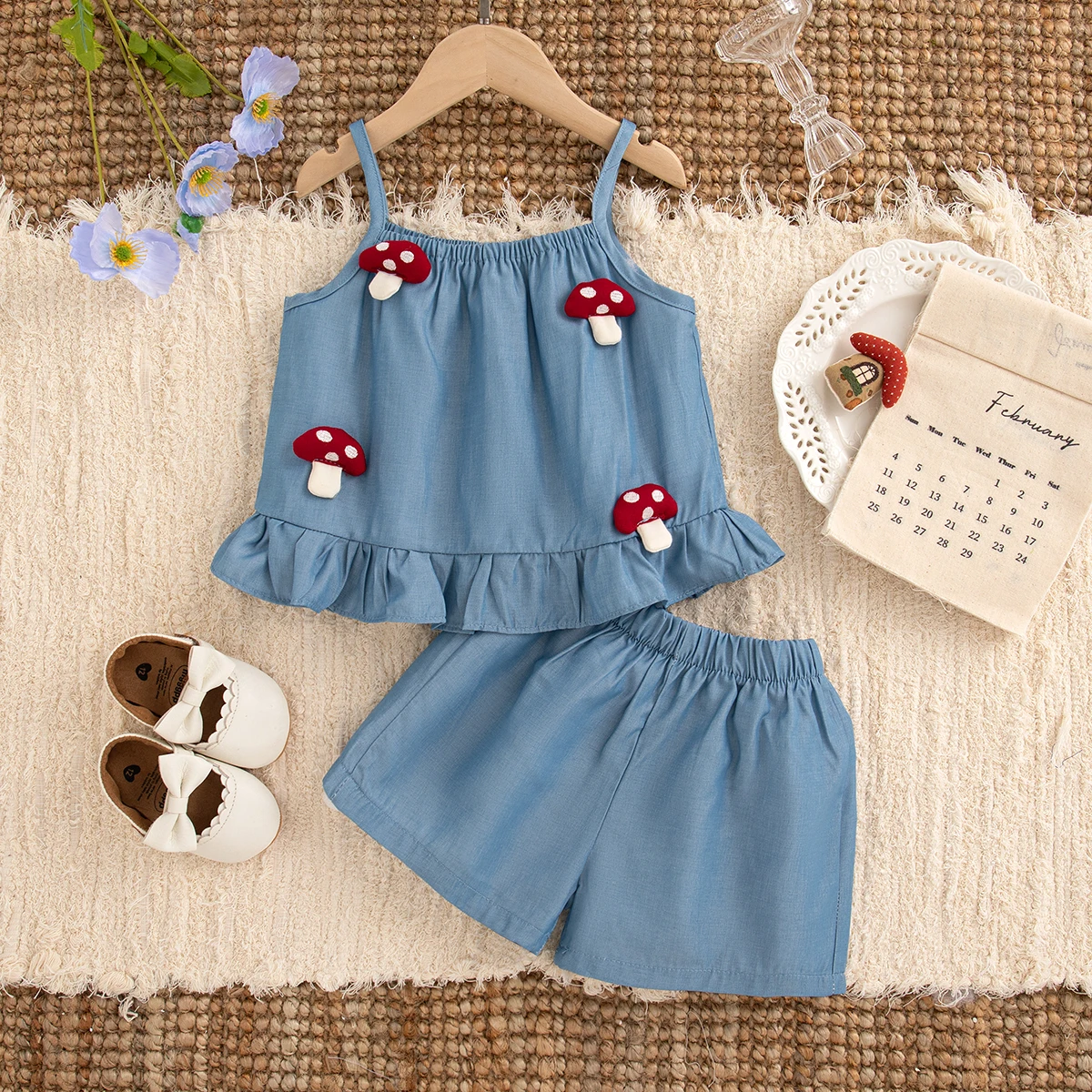 Baby-Set für Mädchen, niedliche dekorative Hosenträger-Tops mit Shorts, blaues Set, zweiteilig, Sommer-Casual-Ausflugskleidung