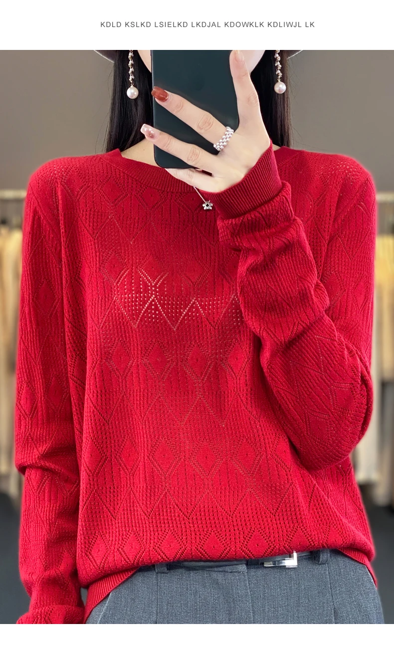 New Women Wool Blend Sweater Spring O-neck Geometric Hollow Pullover Fashion Soft Sweater Loose Casual Knit Base Tops