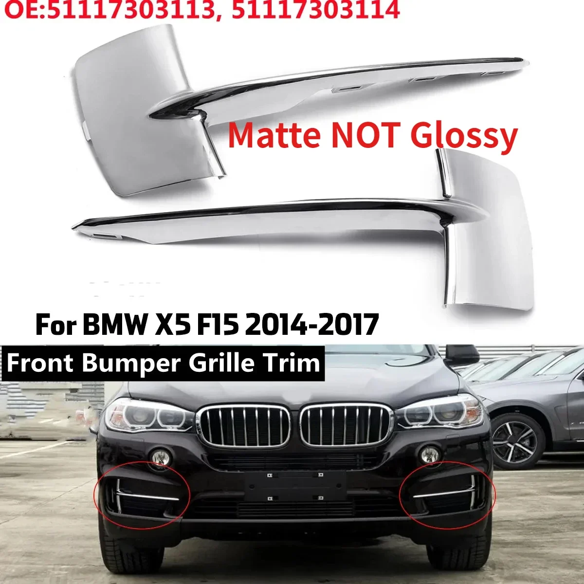 Matte Front Bumper Grille Trim Molding ABS For BMW X5 F15 35i 35ix 35dx 40ex 2014-2017 51117303113 51117303114 Bumper Trim