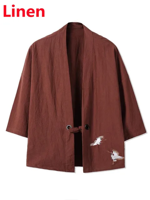 Crane Embroidery Haori Kimono Harajuku Japanese Style Plus Size Men Samurai Costume Yukata Asian Clothes Cardigan Women Jacket coffee