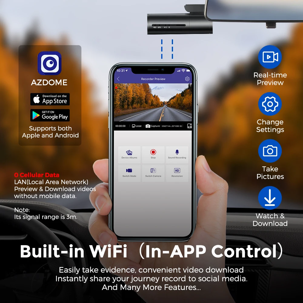 AZDOME- ķ, Ʈ ڵ DVR ī޶,     ķ, 1296P HD Ʈ  ڵ ī޶,  ڴ G-