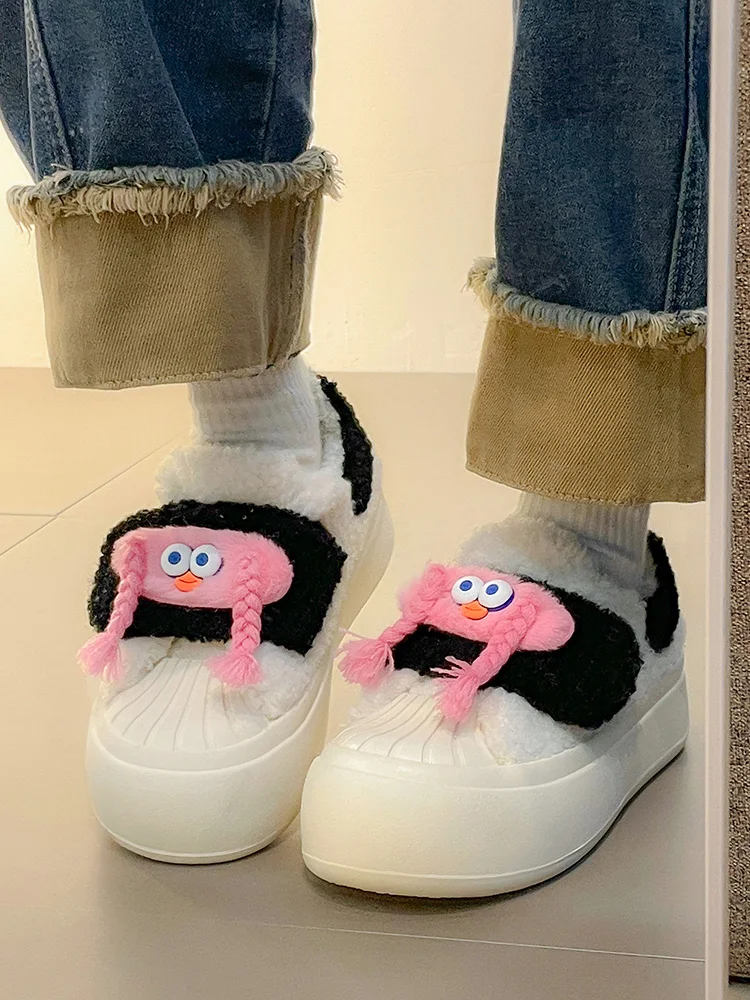 

Casual Woman Shoe Shallow Mouth Clogs Platform Loafers Fur Round Toe Creepers New Small Winter Comfortable Hook & Loop Animal Pr