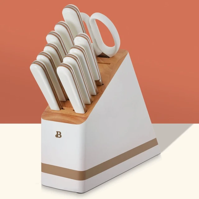 Forged Kitchen Knife Set in White with Wood Storage Block, by Drew