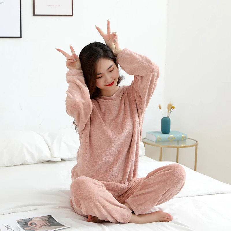 Women Winter Home Casual Warm Loose Flannel Pyjamas Suit Thick Coral Fleece  Top+ Pants Soft Sleepwear Thicken Pajamas Set