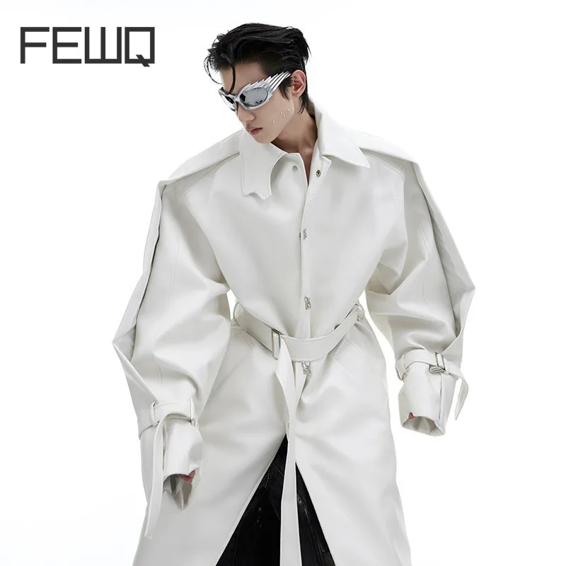 

FEWQ Men's Trench Niche Deconstructed Double Layer Design PU Leather Coat Metal Breasted Knee Length Coat Male Tops Autumn