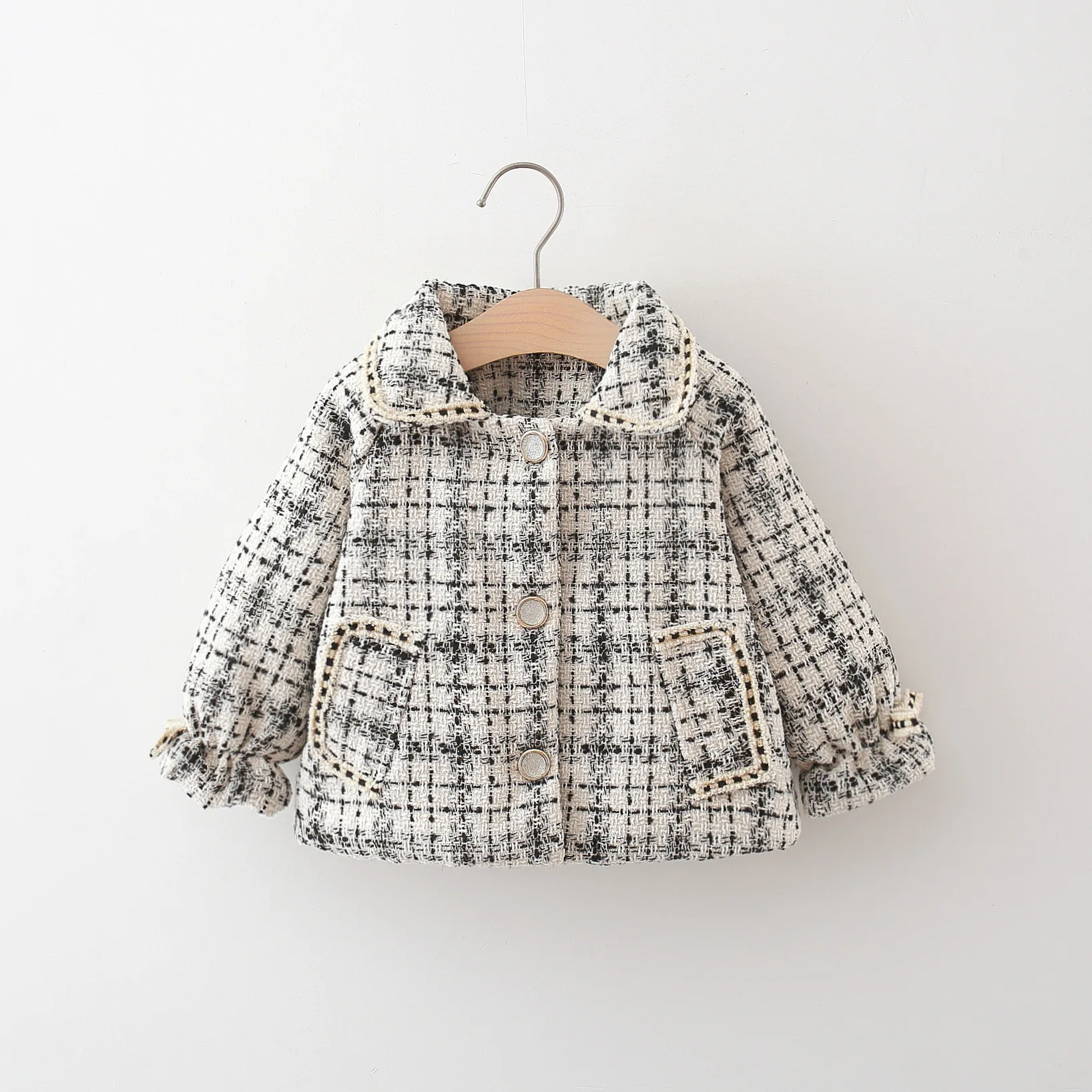 Autumn And Winter Casual 0-3 Baby Girl Jacket Girls' Full Body Plaid Lapel Single Breasted Fashionable Jacket