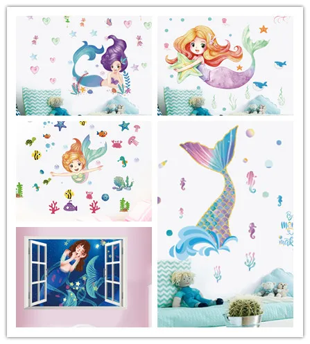 3D cartoon sparkling stars mermaid princess baby wall stickers girl room decals posters children