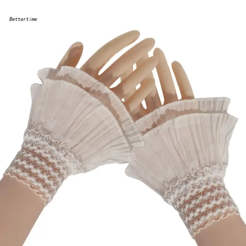 

B36D Detachable Shirt Pleated Sleeve False Cuffs White Color Crumple Lace Wristband