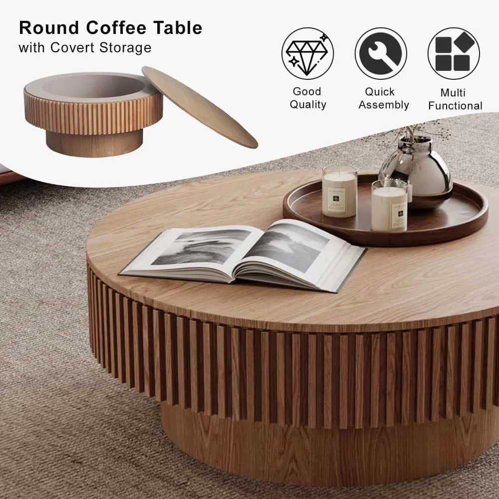 31.5'' Round Coffee Table with Storage, with Solid Wood Veneered, Circle Center Table Tea, Café Tables 6