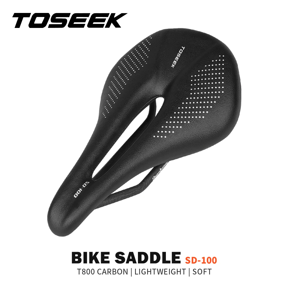 

TOSEEK Full Carbon Saddle MTB/Road 143/155MM Bike Saddle Super Light Leather Carbon Cushions 135g Carbon Rails