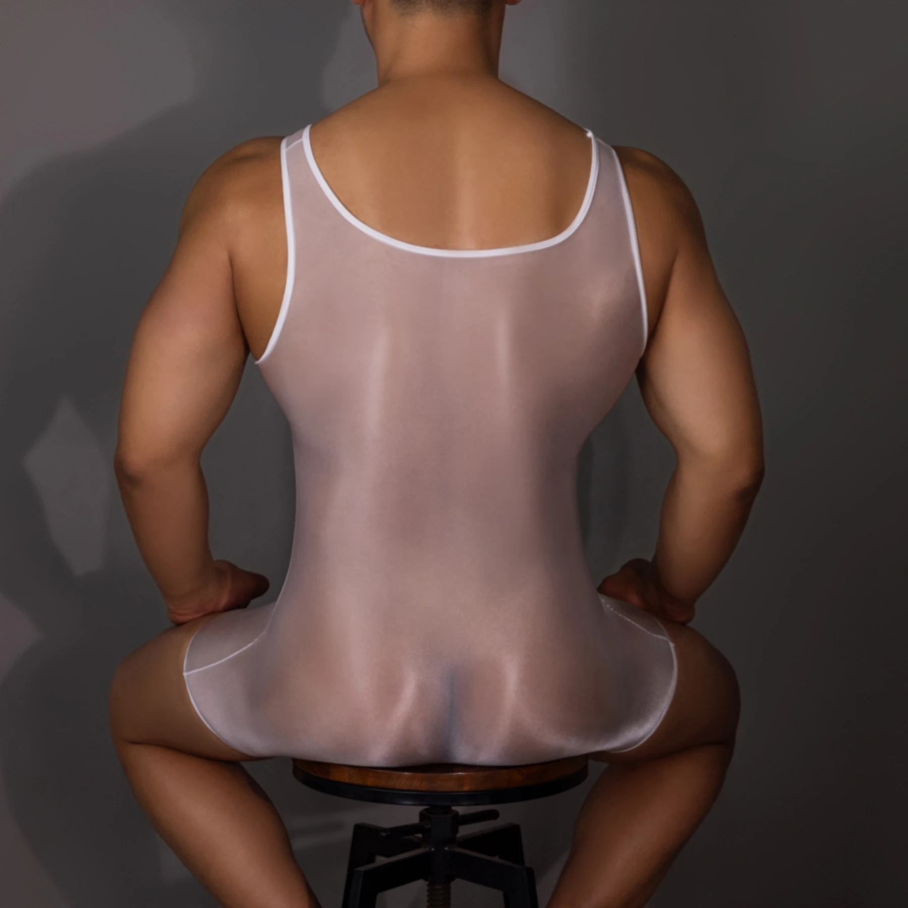 Men Sexy Bodysuit Oil Glossy See Through Stretchy Sleeveless Rompers Male Thin Playsuits Sheer Mesh Ice Silk Soft Tank Sleepwear