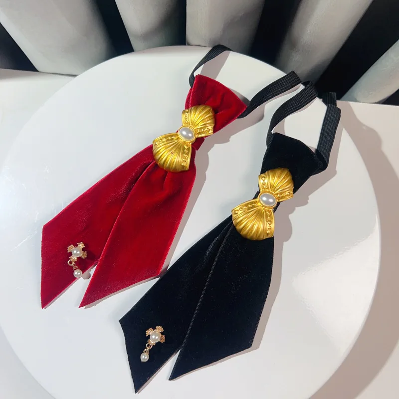 Vintage Black Velvet Bow Tie for Women Rhinestone Crystal British Style Bowties Shirt Collar Pins Luxulry Jewelry Accessories