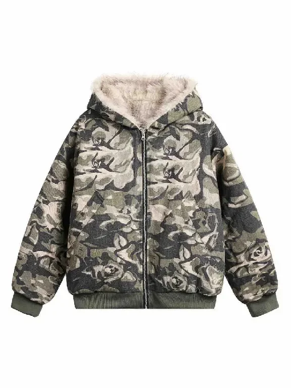 Autumn Winter Thickened Street Style Floral Camouflage Collar