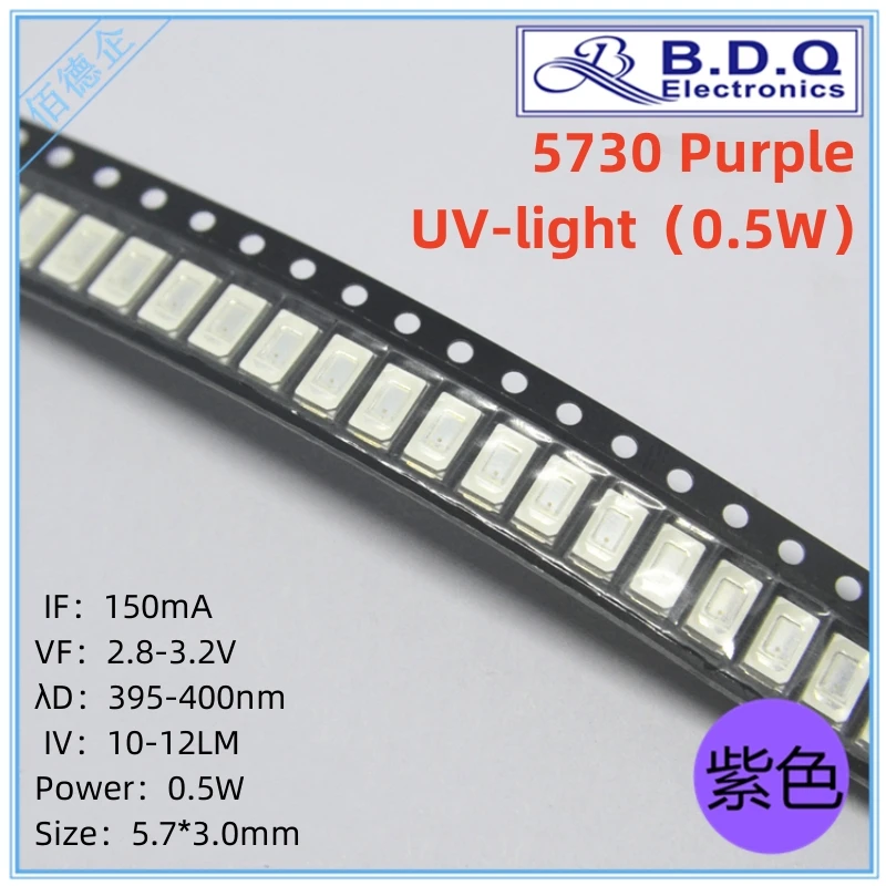 

100pcs 5730 SMD LED 0.5W Purple UV-light 395-400nm LED Lamp Beads Size 5630 Light-emitting Diode High Bright Quality