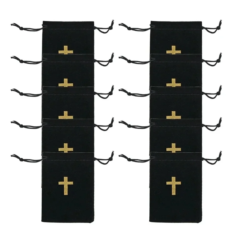 10Pcs Black Cross Pattern Bag with Drawstring Gift Packaging Fabric Pouch for Necklace Earrings Elegant Storage Pouches 4