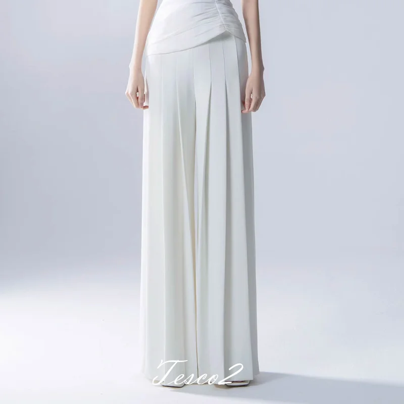 Tesco White Pants Sets One Shoulder Blazer with Pleated Straight Wide Leg Trousers for Women Elegant Office Lady 2 Piece