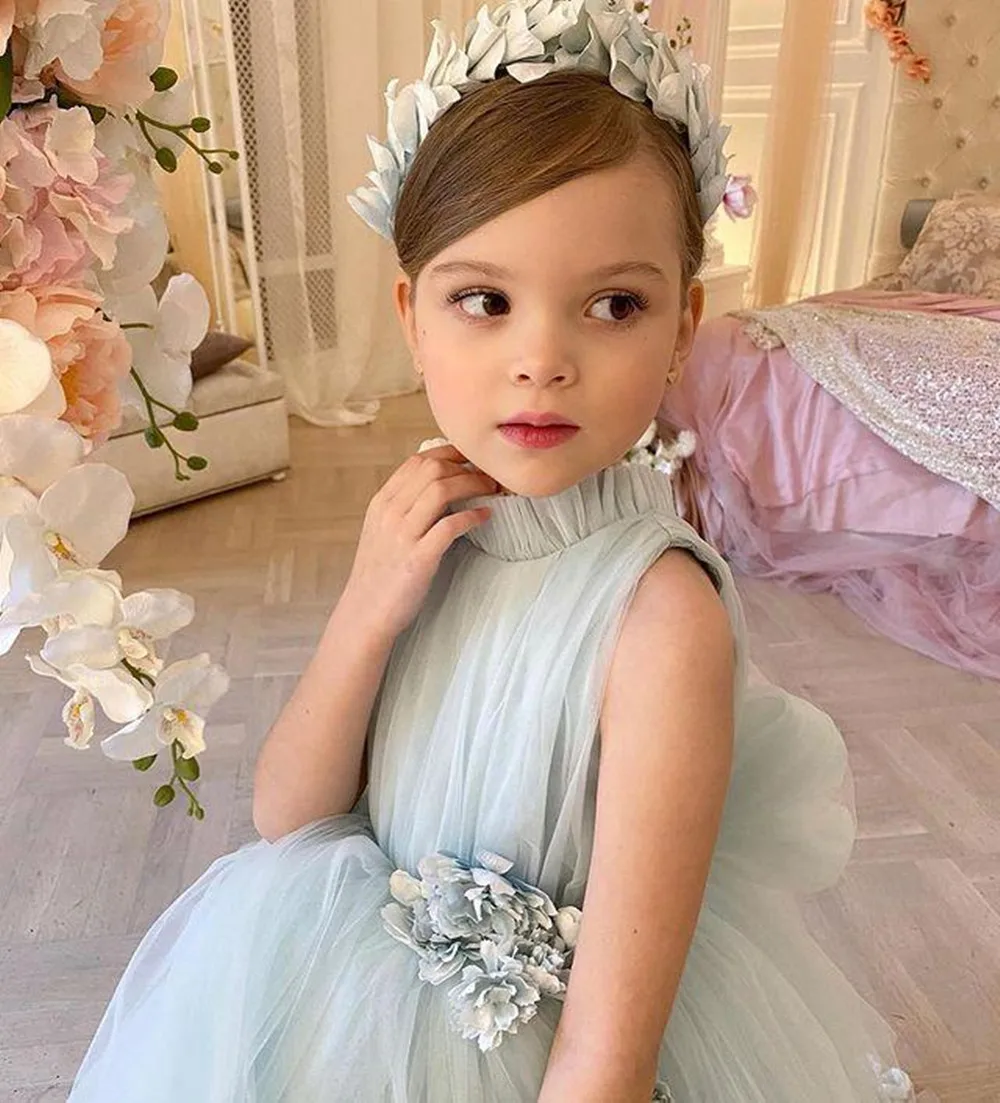 New Baby Girls Dresses for Party 3D Floral Appliques Flower Girl Dresses Sheer Neck Girls Birthday