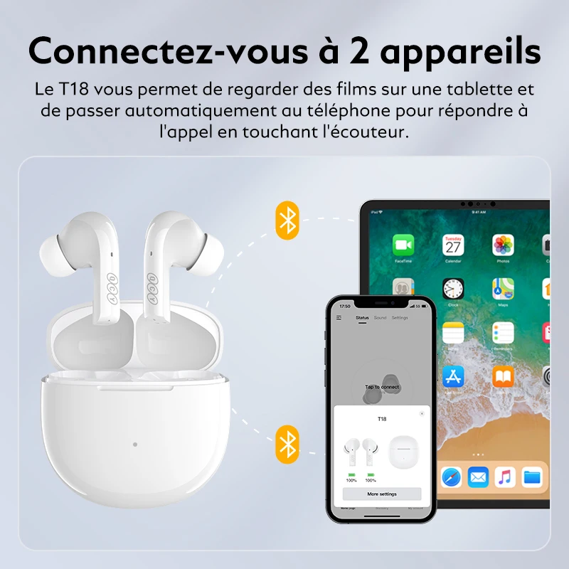 QCY-Écouteurs sans fil Bluetooth 5.2, T18, QCC3040, aptX, Voice 32, ENTER 4, Mic CVC, HD, Appel, Casque, Touriste, Connexion de l'appareil