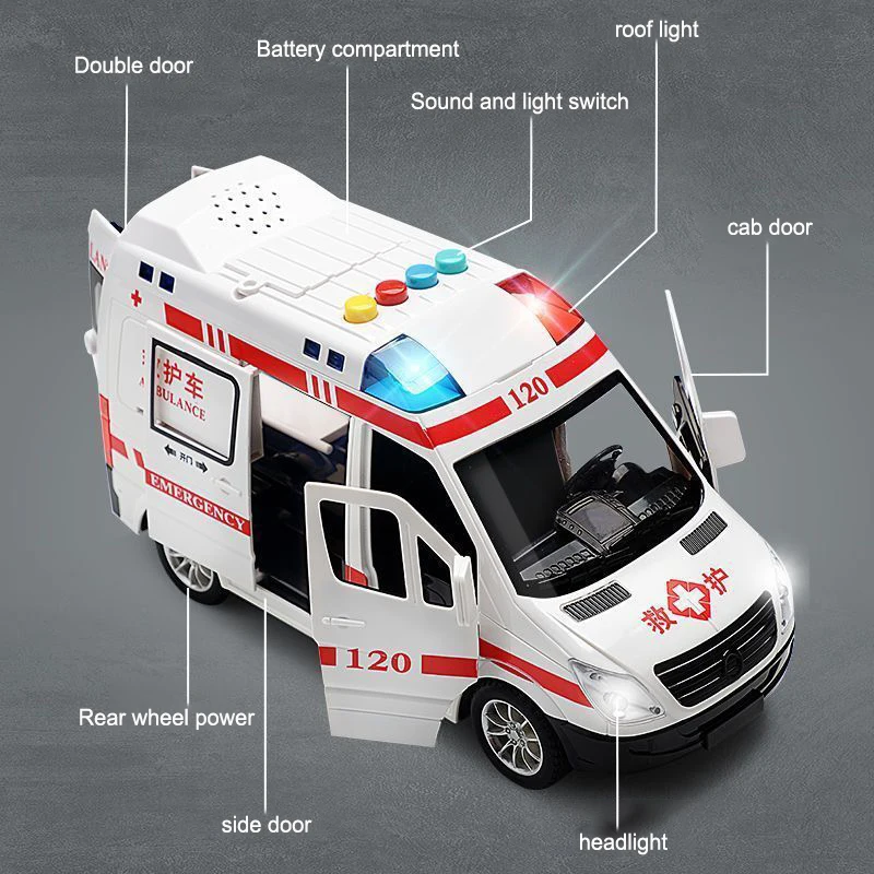 1:24 Alloy Ambulance Model Simulation Pull-back Sound and Light Die-cast Alloy Car Toy Set Children's Birthday Gift 5
